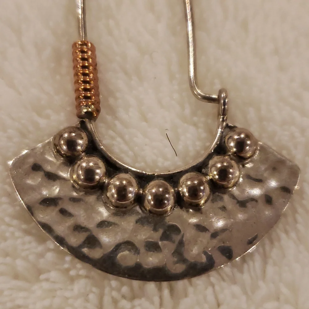 Hammered Mexico Sterling Silver Circle Moon Crescent Drop Hoop Earrings, 2" long - Picture 2 of 3